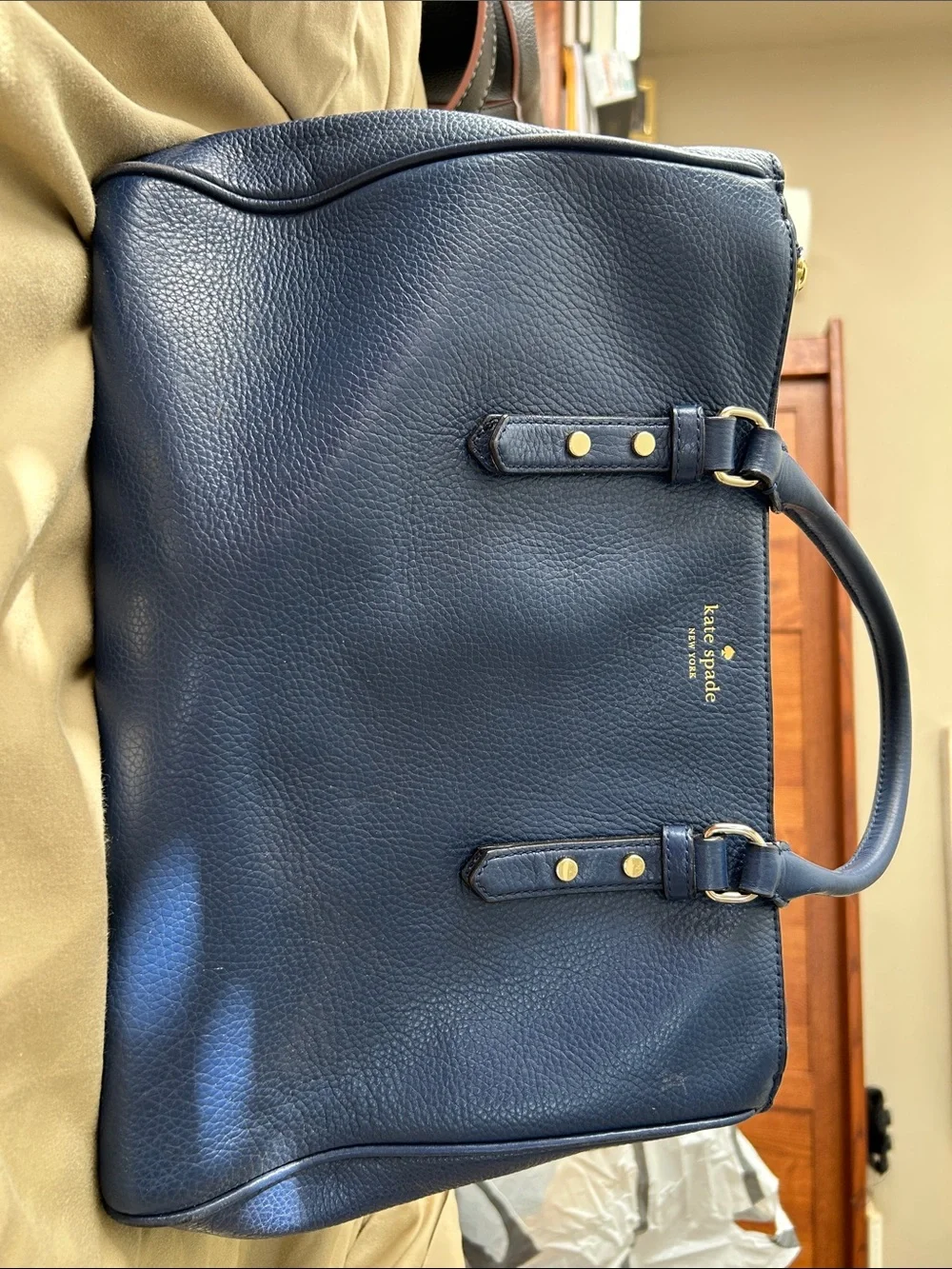 kate spade navy pebbled leather satchel with gold-tone accents